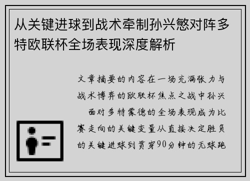 从关键进球到战术牵制孙兴慜对阵多特欧联杯全场表现深度解析